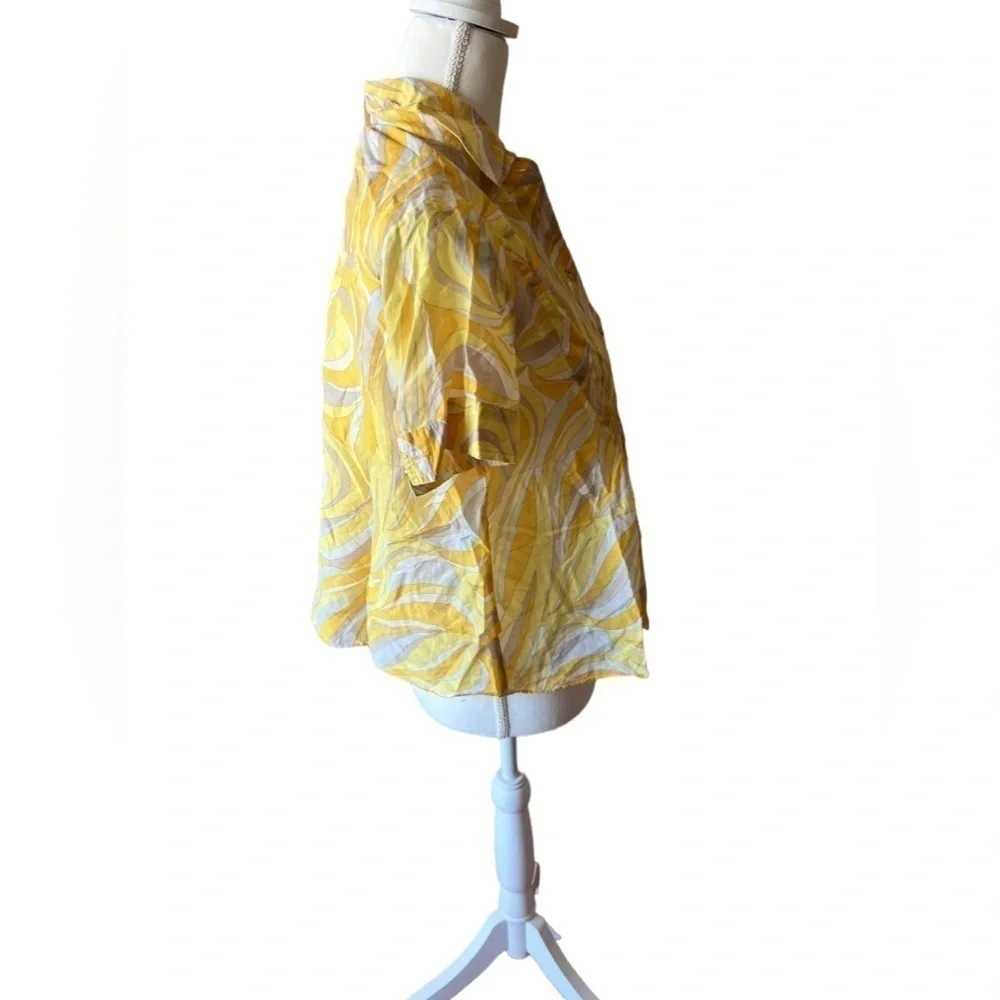 Michael Kors‎ Yellow White Abstract Pattern Short Sleeve Button Blouse